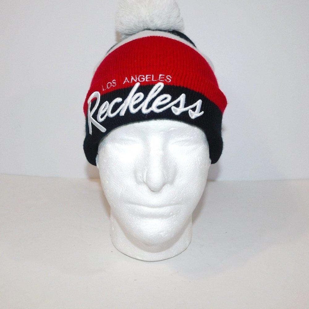 Mens OS Reckless Winter Hat Toque Red Black White Pom Pom